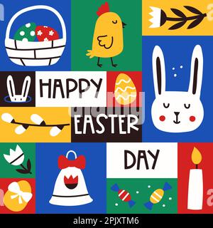 Easter poster. Square graphic poster with cute flat symbols of Easter. Greeting card for web, social media post. Bright contrast colors. Vector illust Stock Vector