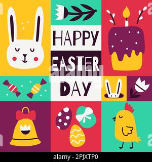 Easter poster. Square graphic poster with cute flat symbols of Easter. Greeting card for web, social media post. Colorful bright contrast card with fr Stock Vector