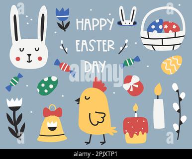 Happy Easter day. Set of simple minimal Easter design elements, childish style. Cute characters, clipart, Easter symbols. Bunny, chicken, eggs, willow Stock Vector
