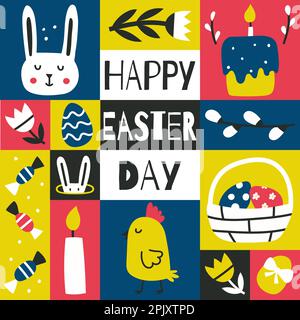Easter Greeting card, square graphic poster with Easter symbols. Bunny, basket, eggs, candy. Colorful bright contrast card with freehand chidish eleme Stock Vector