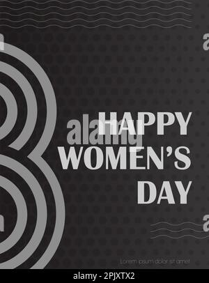 A black and white Happy womans day poster template in a minimalistic style with wavy lines and Figure Eight. Greeting card template. Vector illustrati Stock Vector
