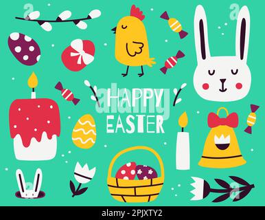 Happy Easter day. Set of simple freehand Easter design elements. Cute characters, clipart, symbols of Easter. Bunny, chicken, eggs, cake. Flat vector Stock Vector