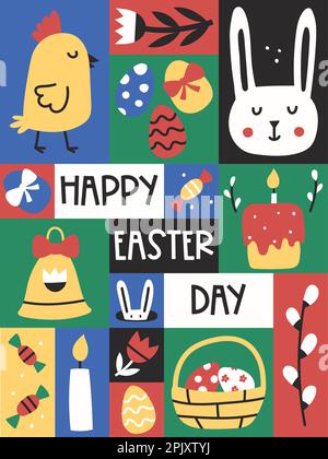 Easter graphic poster. Rectangular Greeting card with cute symbols of Easter. Happy Easter day. Retro pale colors. Flat Vector design with simple mini Stock Vector