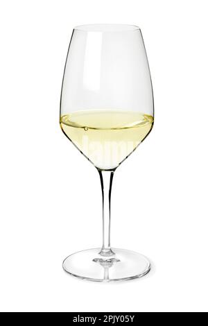 Single glass with  Portuguese vinho verde white wine close up on white background Stock Photo