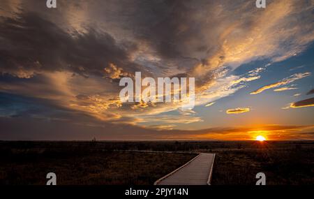 A beautiful sunset over a boardwalk at Bottomless Lakes State Park in southern New Mexico. Stock Photo