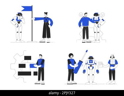 Develop artificial intelligence technologies duo color line concept vector spot illustration pack Stock Vector