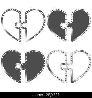 Set of black and white illustrations with heart sign made from puzzle pieces. Isolated vector objects on white background. Stock Vector