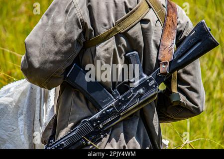 Rangers armed with guns in animal conservation park in Zimbabwe, in Imire Rhino and Wildlife Conservancy Stock Photo