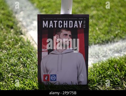 4th April 2023; Vitality Stadium, Boscombe, Dorset, England: Premier League Football, AFC Bournemouth versus Brighton and Hove Albion; match day programme on the corner flag Stock Photo