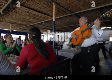 El Tintero restaurant chiringuito, El dedo beach Malaga, Spain.  Finger beach of Playa del dedo, also known as Playa Chanquete, stretches for more tha Stock Photo