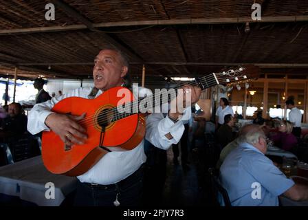 El Tintero restaurant chiringuito, El dedo beach Malaga, Spain.  Finger beach of Playa del dedo, also known as Playa Chanquete, stretches for more tha Stock Photo