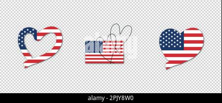 Flag of USA in Heart Shape and Outline Hearts. Creative isolated flag of United States of America Stock Vector