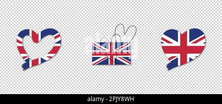 Flag of UK in Heart Shape and Outline Hearts. Creative isolated flag of United Kingdom Stock Vector