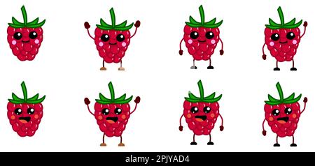 Cute kawaii style raspberry fruit icon, large eyes, smiling. Version with hands raised, down and waving Stock Vector