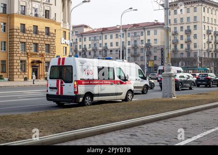 Belarus, Minsk - 24 march, 2023: Ambulance travels on the road close up Stock Photo