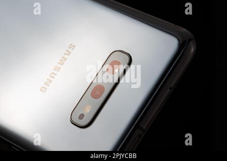 Siofok, Hungary - October 4, 2019: Samsung Galaxy S10e close up. Technology brand. IT and consumer electronic. Product photo. Stock Photo