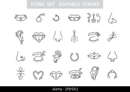 Piercing jewel icons set Face Body Pierce jewelry Stock Vector