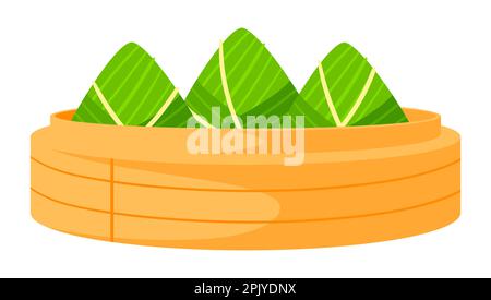 Wrapped rice dumplings in steamer. Duanwu holiday. Chinese Dragon Boat Festival traditional food. Stock Vector