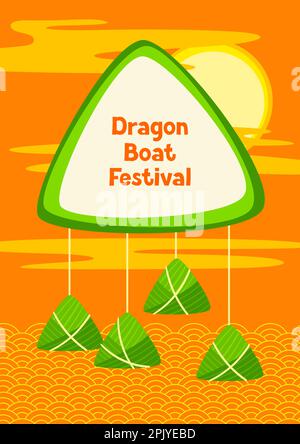 Happy Dragon Boat Festival greeting card. Chinese Duanwu holiday. Traditional food zongzi rice in bamboo leaves. Stock Vector