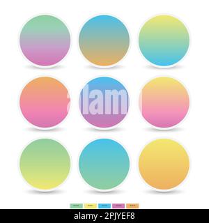 Set of 9 Rounded holographic pastel color combination gradient sphere buttons. Multicolor colorful soft round buttons or vivid color spheres flat Stock Vector