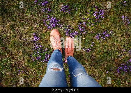 Woman wearing jeans and pink sneakers walking in grass with violet flowers. Spring fashion season Stock Photo