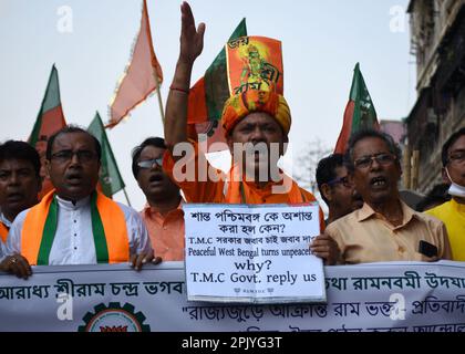 Kolkata, India. 4th Apr, 2023. India's ruling party Bharatiya Janata Party (BJP) activists demonstrate to protest against the alleged attack on activists of BJP on Ram Navmi in Kolkata. (Credit Image: © Sayantan Chakraborty/Pacific Press via ZUMA Press Wire) EDITORIAL USAGE ONLY! Not for Commercial USAGE! Stock Photo