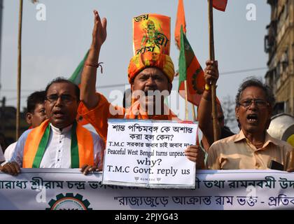 Kolkata, India. 4th Apr, 2023. India's ruling party Bharatiya Janata Party (BJP) activists demonstrate to protest against the alleged attack on activists of BJP on Ram Navmi in Kolkata. (Credit Image: © Sayantan Chakraborty/Pacific Press via ZUMA Press Wire) EDITORIAL USAGE ONLY! Not for Commercial USAGE! Stock Photo