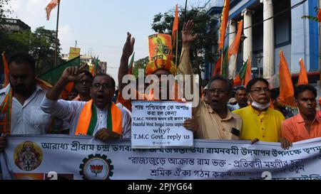 Kolkata, India. 4th Apr, 2023. India's ruling party Bharatiya Janata Party (BJP) activists demonstrate to protest against the alleged attack on activists of BJP on Ram Navmi in Kolkata. (Credit Image: © Sayantan Chakraborty/Pacific Press via ZUMA Press Wire) EDITORIAL USAGE ONLY! Not for Commercial USAGE! Stock Photo