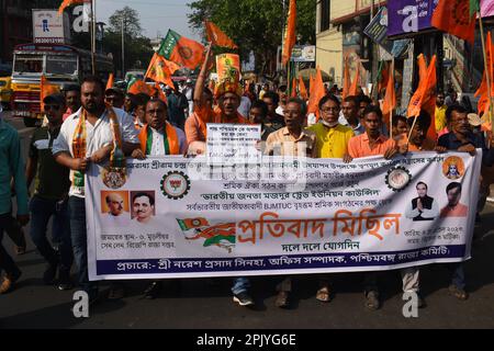 Kolkata, India. 4th Apr, 2023. India's ruling party Bharatiya Janata Party (BJP) activists demonstrate to protest against the alleged attack on activists of BJP on Ram Navmi in Kolkata. (Credit Image: © Sayantan Chakraborty/Pacific Press via ZUMA Press Wire) EDITORIAL USAGE ONLY! Not for Commercial USAGE! Stock Photo