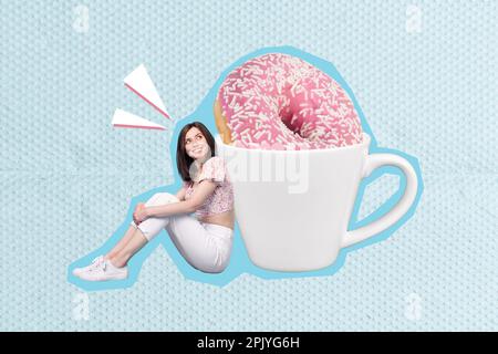 Photo creative artwork collage of young miniature woman sitting look interested coffee cup with tasty sweet donut isolated on blue background Stock Photo