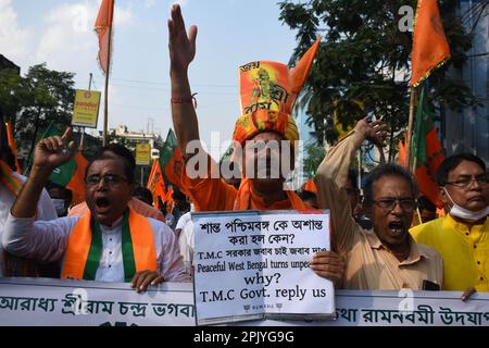 Kolkata, India. 4th Apr, 2023. India's ruling party Bharatiya Janata Party (BJP) activists demonstrate to protest against the alleged attack on activists of BJP on Ram Navmi in Kolkata. (Credit Image: © Sayantan Chakraborty/Pacific Press via ZUMA Press Wire) EDITORIAL USAGE ONLY! Not for Commercial USAGE! Stock Photo