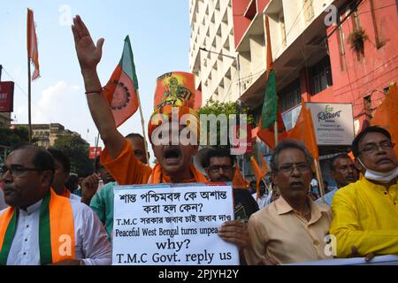 Kolkata, India. 4th Apr, 2023. India's ruling party Bharatiya Janata Party (BJP) activists demonstrate to protest against the alleged attack on activists of BJP on Ram Navmi in Kolkata. (Credit Image: © Sayantan Chakraborty/Pacific Press via ZUMA Press Wire) EDITORIAL USAGE ONLY! Not for Commercial USAGE! Stock Photo