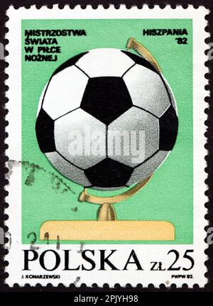 POLAND - CIRCA 1982: a stamp printed in Poland shows soccer ball, 1982 World Cup, circa 1982 Stock Photo