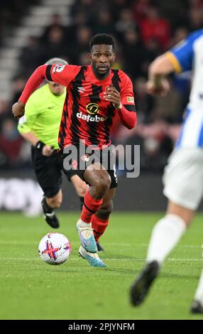 4th April 2023; Vitality Stadium, Boscombe, Dorset, England: Premier League Football, AFC Bournemouth versus Brighton and Hove Albion; Jefferson Lerma of Bournemouth brings the ball forward Stock Photo