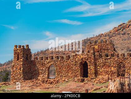 Sunny view of the stage building in Wichita Mountains National Wildlife Refuge at Oklahoma Stock Photo