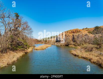 Sunny view of the landscape of Crab Eyes Trail in Wichita Mountains National Wildlife Refuge at Oklahoma Stock Photo