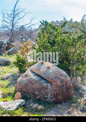 Sunny view of the landscape of Crab Eyes Trail in Wichita Mountains National Wildlife Refuge at Oklahoma Stock Photo