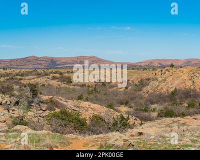 Sunny view of the landscape of Crab Eyes Trail in Wichita Mountains National Wildlife Refuge at Oklahoma Stock Photo