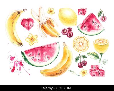 Set of watercolor summer fruits, berries on a white background. Isolated watermelon, banana, lemon, cherry. Illustration for the design of fabric, tex Stock Photo