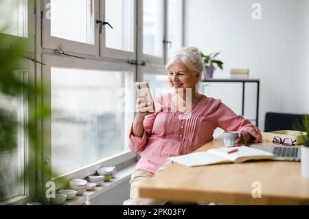 Smiling senior woman using smartphone Stock Photo