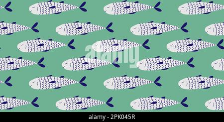 Seamless pattern with hand drawn blue fish. Doodle, simple illustration. It can be used for decoration of textile, paper and other surfaces. Vector Stock Vector