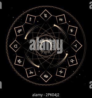 Golden Horoscope Circle Astrological Signs of Zodiac in Golden Horoscope Circle Esoteric Illustration. Vector illustration isolated on white Stock Vector