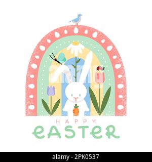 Happy Easter. Landscape with bunny, tulip flowers, rainbow and animals. Vector illustration, flat design Stock Vector