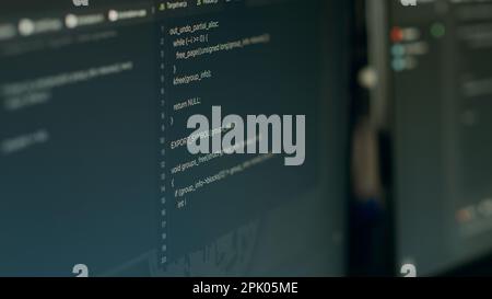 Program development with data on terminal window, displaying it coding language on computer. Database cloud computing and programming new user interface with hmtl script. Close up. Stock Photo