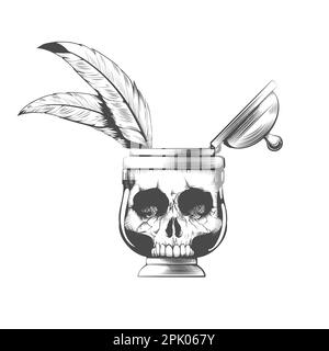 Tattoo of Skull Face open Ink Pot with feathers isolated on white. Vector illustration Stock Vector