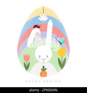 Happy Easter. Landscape with bunny, tulip flowers, rainbow and animals. Vector illustration, flat design Stock Vector