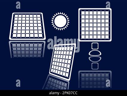 Solar panels, solar energy white icons set on blue Stock Vector