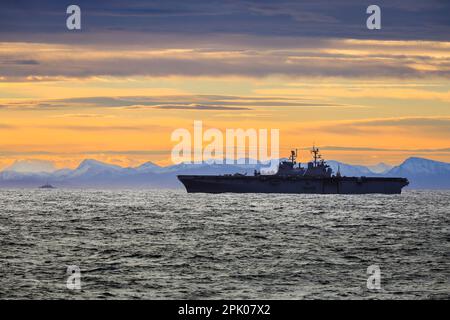 USS Iwo Jima a Wasp class amphibious assault ship of the United States Navy off the coast of Norway Stock Photo