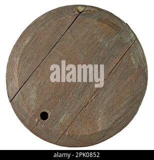 Old wooden wine barrel lid made of oak.Isolate on a white background Stock Photo