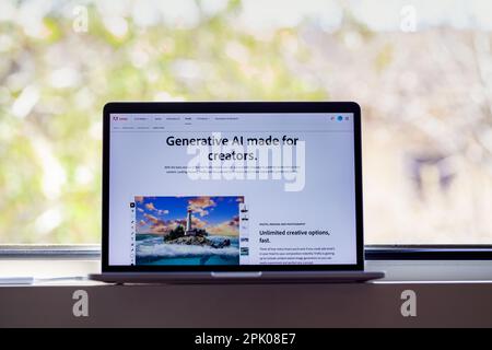 ITALY - April 4, 2023: Adobe Firefly website displayed on mac laptop screen. Adobe has announced the beta release of its AI Art Generator tool. Stock Photo